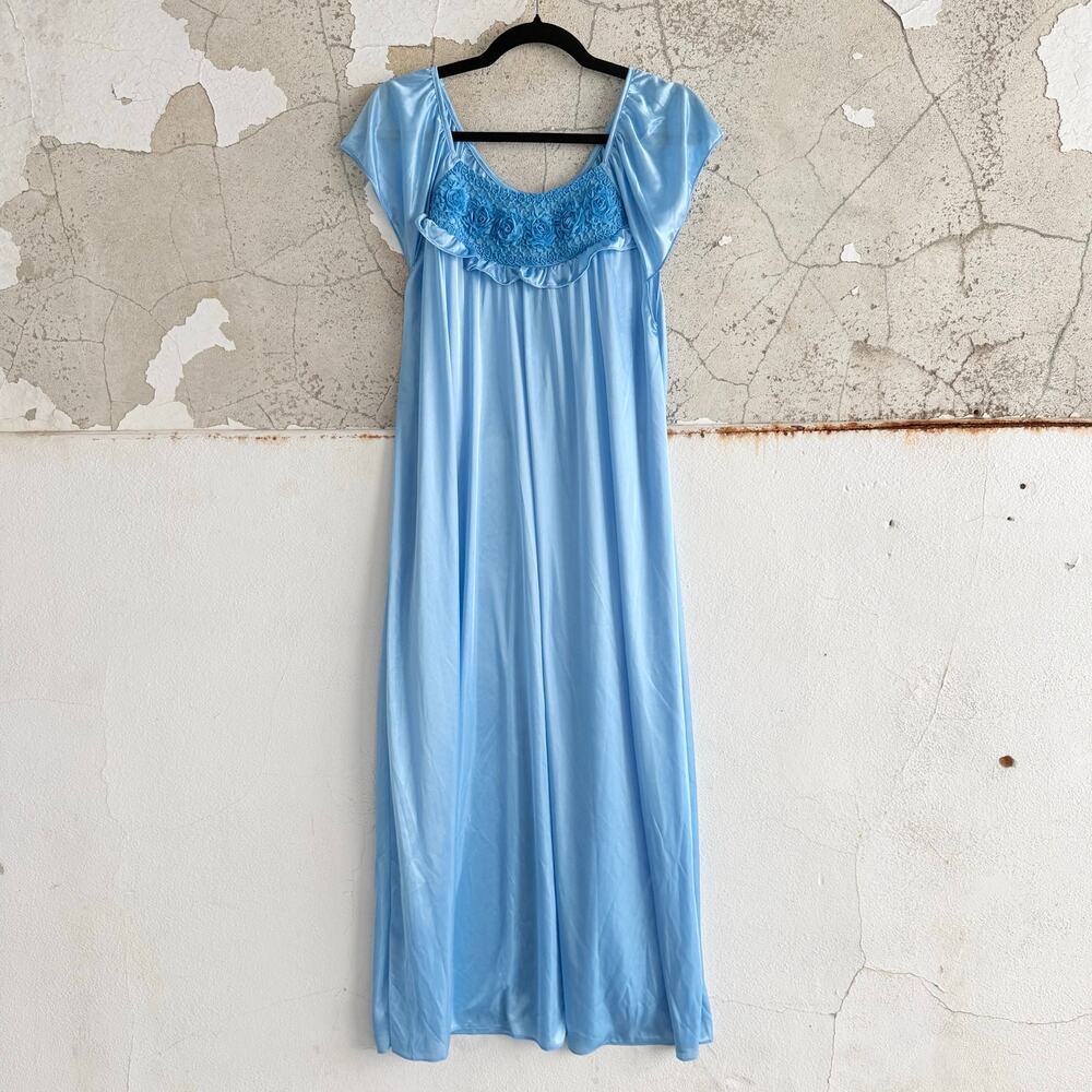 Satin Nightgown Long Lounge Dress Light Blue Rosette Ruffle Womens L Grandmacore
